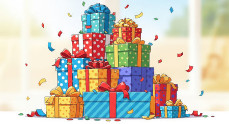 Gift boxes with confetti and ribbons. Vector illustration.の素材