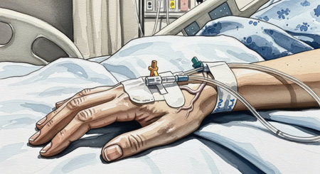 Illustration of a hand of a patient with a saline intravenousの素材