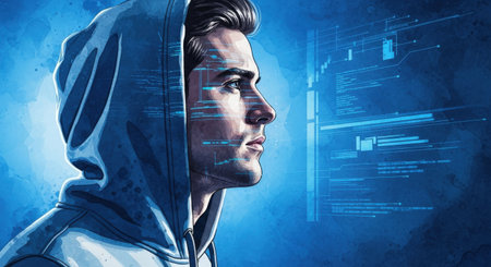 Close up of a hacker in a hoodie against a blue backgroundの素材