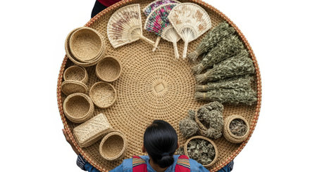Top view of Vietnamese woman holding a basket with bamboo. Isolated on white background.の素材