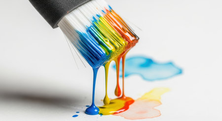 Paint brushes with colorful paint splashes on a white background.の素材