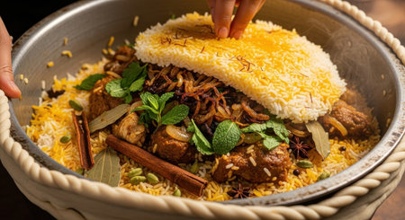 Rice with meat and spices in a bowl on a wooden tableの素材