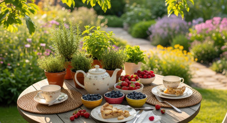 Breakfast in the garden on a summer terrace. Fresh berries, coffee and pancakes.の素材