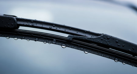 Close-up of water droplets on a car windscreen.の素材