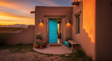 Beautiful view of a house with blue door at sunset in the desertの素材