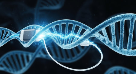 Digital illustration DNA structure with blue light on dark backgroundの素材
