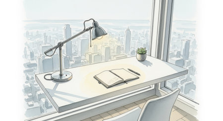 Illustration of a modern office with a city view from the windowの素材