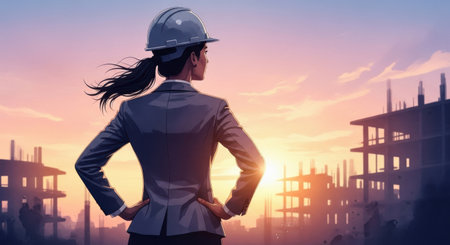 Silhouette of a female engineer on the background of a construction site.の素材