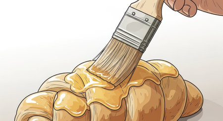 Paintbrush painting a croissant. Vector illustration of a hand holding a paintbrush.の素材