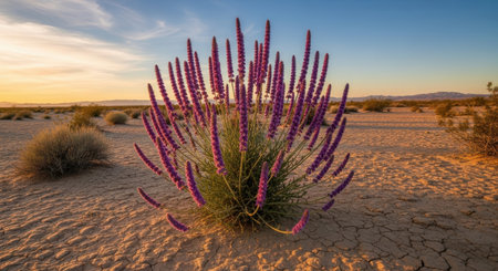 Purple flowers in the desert at sunsetの素材