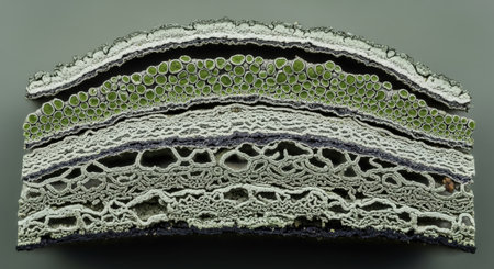 Highly magnified cross section of leaf showing vivid cellular layers and structures revealing plant anatomy in detailの素材