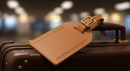 Brown leather travel suitcase with belt on a blurred background.の素材