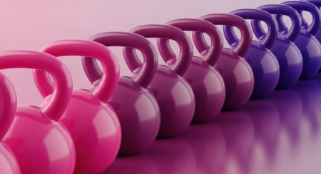 Row of colorful kettlebells arranged on reflective surface creating gradient fitness equipment displayの素材