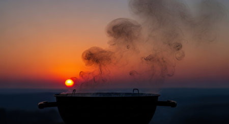 Barbecue grill with smoke rising against colorful sunset sky creating warm outdoor cooking atmosphereの素材