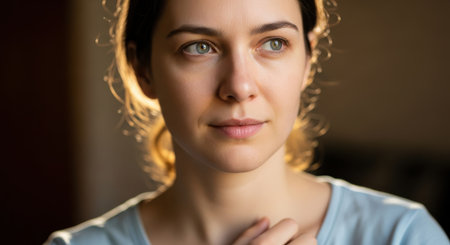 Portrait of a young woman looking at the camera, close-upの素材