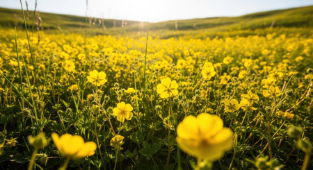 Yellow flowers in the meadow. Beautiful spring landscape with yellow flowersの素材