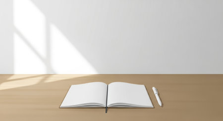 Open notebook with pen on a wooden table.の素材