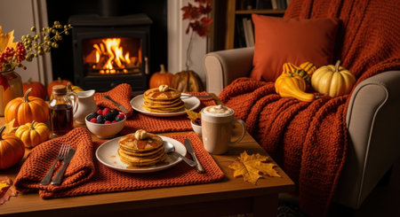 Pancakes with berries and coffee on the background of a cozy fireplaceの素材