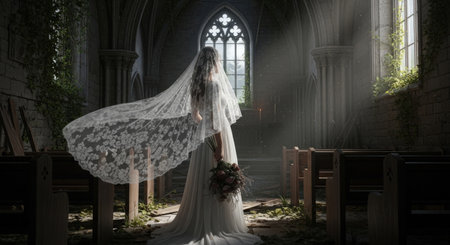 Ethereal bride in flowing gown standing in abandoned gothic church illuminated by stained glass and sunlight raysの素材