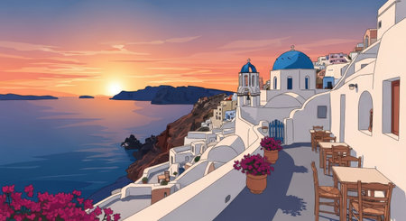 Scenic coastal village with whitewashed buildings blue domes and sunset glow over calm sea and cliffside terraceの素材