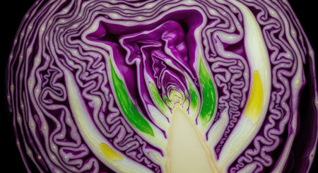 Purple cabbage with white and yellow stripes on black background, close upの素材