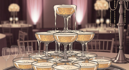 Glasses of champagne on a table in a restaurant. Vector illustrationの素材