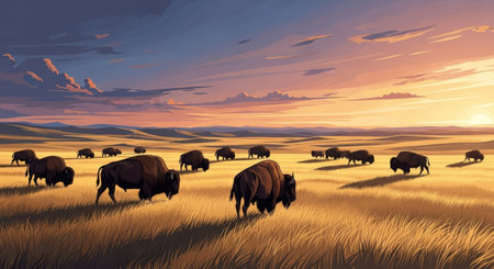 Bison grazing on the meadow at sunset. Vector illustration.の素材