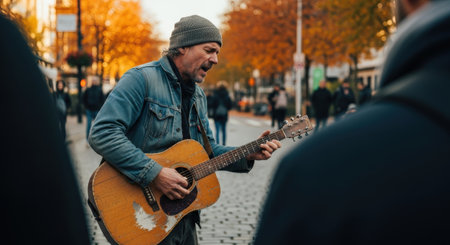 street musician playing the guitar on the streetの素材