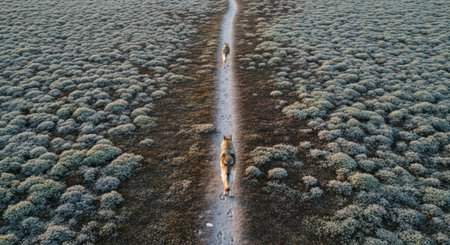 Aerial view of a woman walking in a field covered with frostの素材