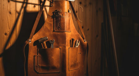 Leather bag with tools on the background of a wooden wall.の素材