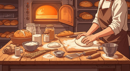 Baker kneading dough in bakery. Vector illustration of baker hands kneading dough.の素材