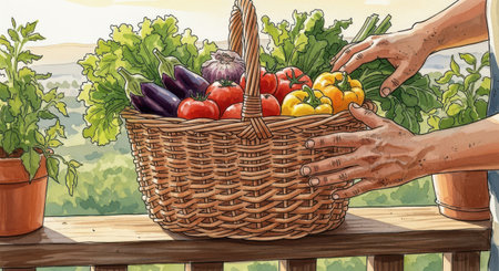 Illustration of a basket full of fresh vegetables with hand holding a basketの素材