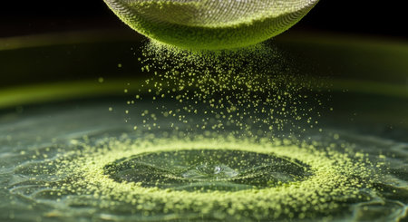 Macro shot of a drop of water on a green background.の素材