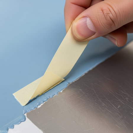 Closeup of a hand wrapping a piece of paper with a tapeの素材
