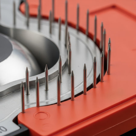 Close-up of a milling cutter on a red background.の素材