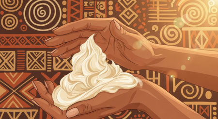 Hands holding creamy natural butter swirl over patterned textile with warm sun flareの素材