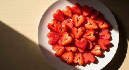 Strawberries in the shape of a heart on a white plateの素材