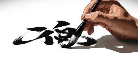 Illustration of a hand drawing a Chinese calligraphy on white backgroundの素材