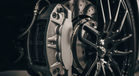 Close-up of a brake disk of a sports car. Selective focus.の素材