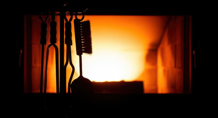 Fireplace in the kitchen at night. Silhouette of a burning fireplace.の素材