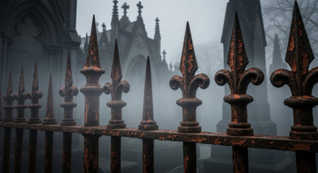Gothic graveyard with old wrought iron fence in foggy dayの素材
