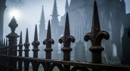 Wrought iron fence in front of a church in the fog.の素材