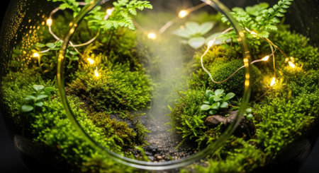 Green moss in a glass florarium with a glowing garlandの素材