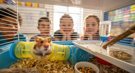 Cute hamster in cage with kids in background at pet shopの素材
