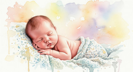 Cute newborn baby sleeping on a bed with colorful watercolor backgroundの素材