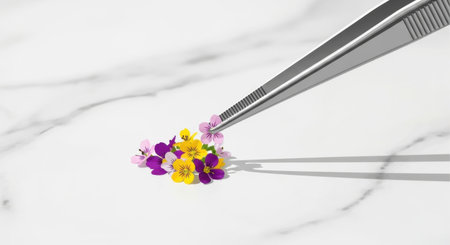 tweezers and bouquet of pansy flowersの素材