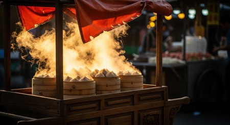 Chinese steamed buns at street food stallの素材