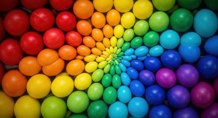 Colorful background of children's plastic balls in the form of a rainbowの素材