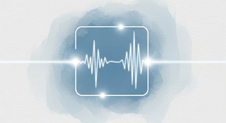 Digital illustration of heart beat pulse on blue watercolor background. Cardiology conceptの素材