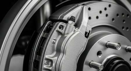 Closeup of brake disk of a car. Selective focus.の素材